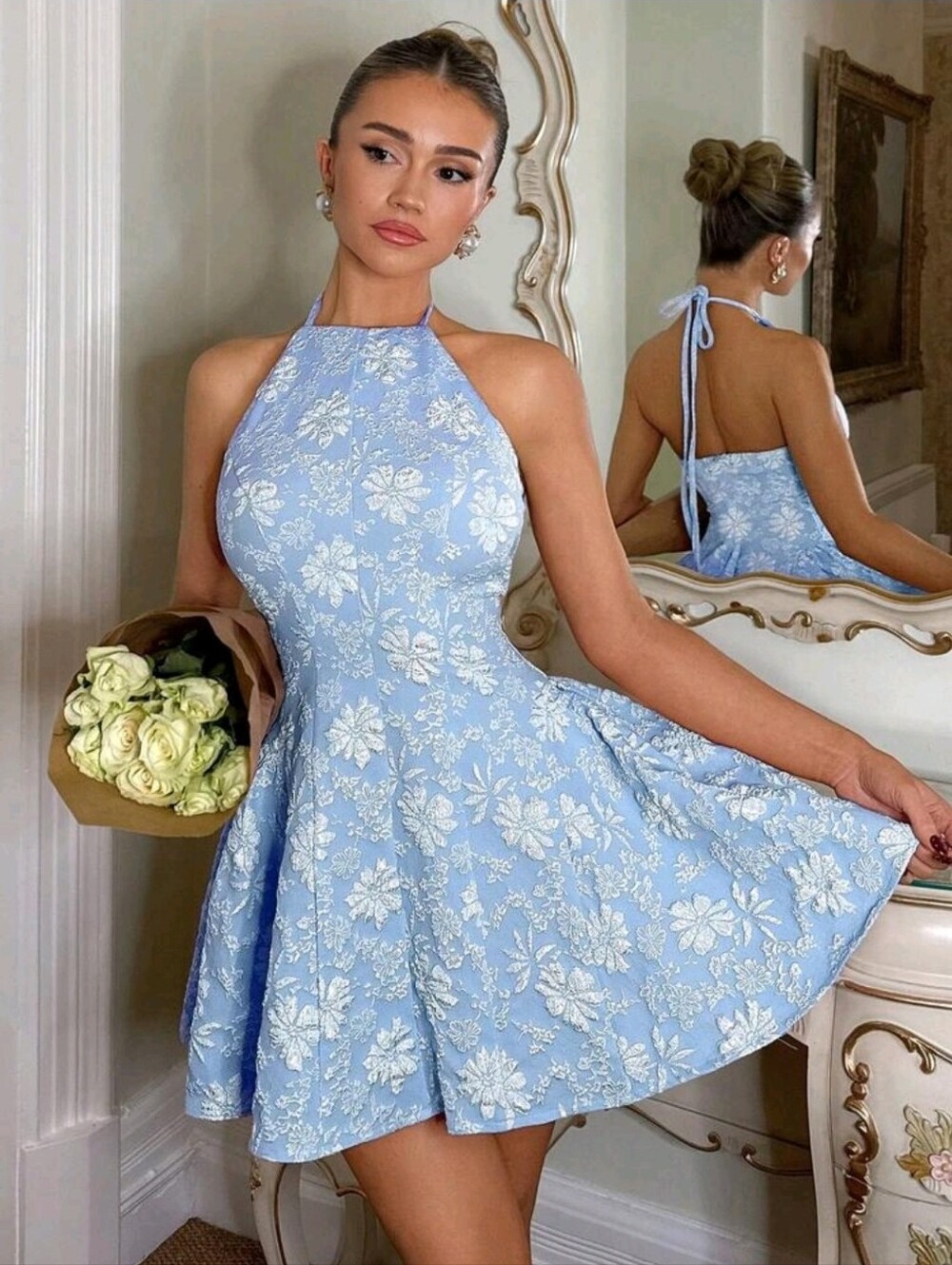 Glamine Floral Halter With Ruched Sides Mini Dress